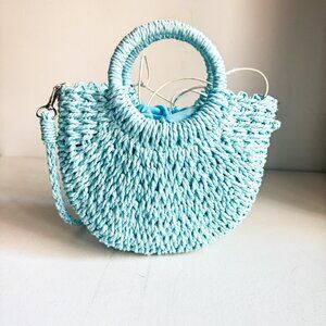 Blue Raffia Woven Braided Small Oval Crossbody Bag